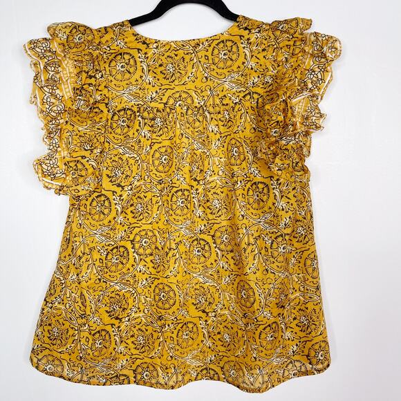 House of Harlow 1960 Large L Yellow Boho Ruffle Sleeve Blouse Tie V Neck Gypsy - Picture 2 of 7